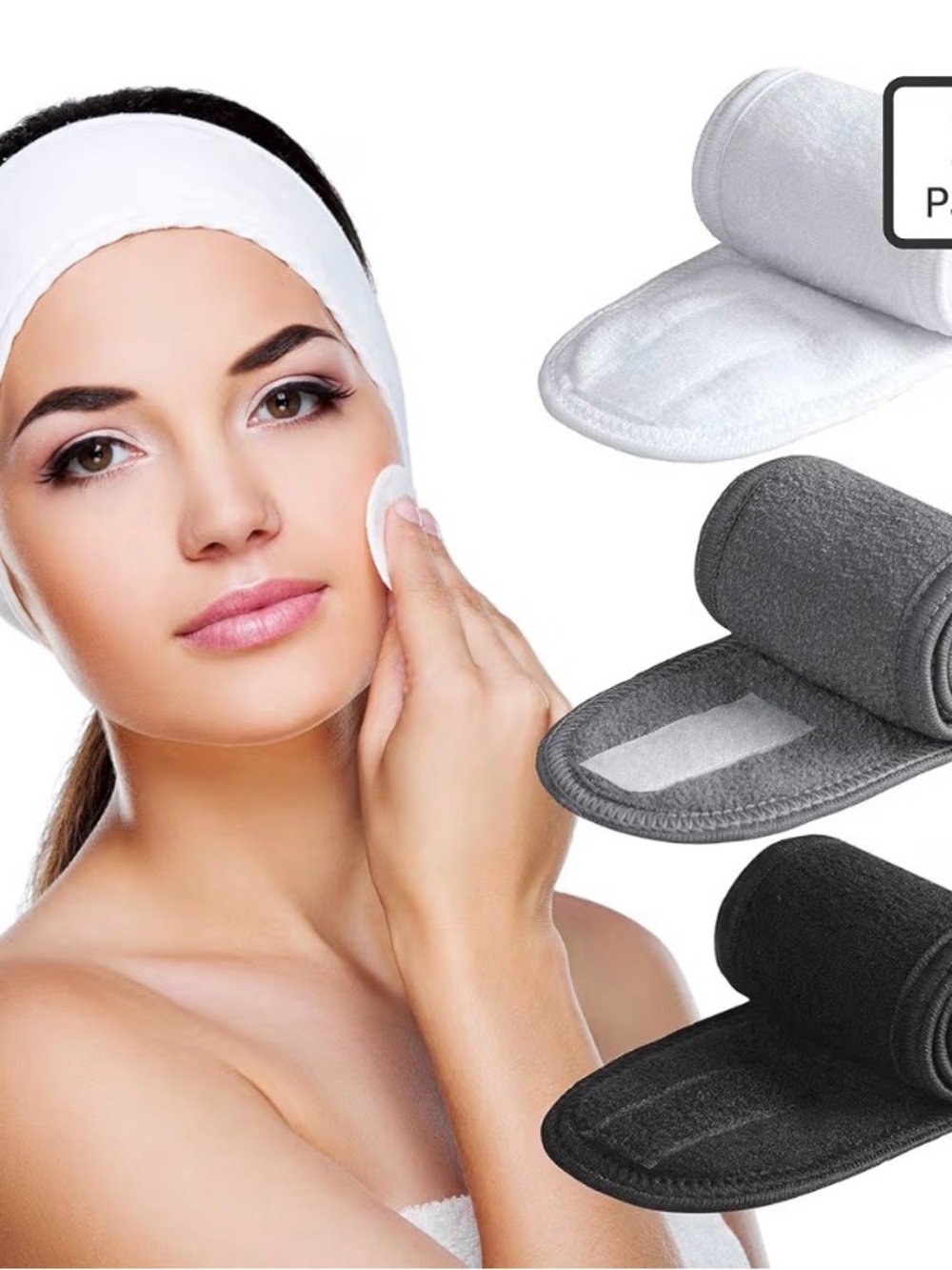 Reusable Spa Headband and Makeup Remover Pad Set - White, Gray, Black